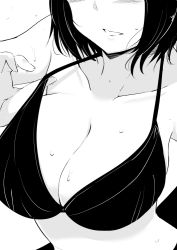 Rule 34 | 1girl, bad id, bad twitter id, blush, breast focus, breasts, cleavage, close-up, collarbone, greyscale, head out of frame, kichihachi, monochrome, original, short hair, solo, strap pull, sweat, upper body