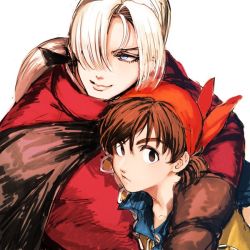 Rule 34 | 2boys, bandana, blue eyes, brown gloves, brown hair, dragon quest, dragon quest viii, gloves, hair over one eye, hero (dq8), hug, kukuru (dq8), looking at viewer, looking to the side, male focus, multiple boys, parted bangs, parted hair, ponytail, simple background, smile, upper body, white background, white hair, zakki