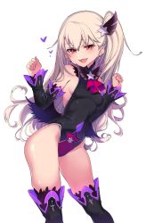 Rule 34 | 1girl, :d, adapted costume, alternate costume, boots, breasts, covered navel, earrings, fate/grand order, fate/kaleid liner prisma illya, fate (series), hair ornament, heart, highres, illyasviel von einzbern, jewelry, leotard, long hair, open mouth, pink hair, prisma illya, red eyes, santa (sunflower), side ponytail, sideboob, silver hair, simple background, smile, solo, star (symbol), star earrings, star hair ornament, testament (fate), thigh boots, thighhighs, thighs, white background