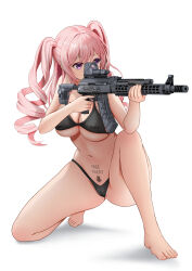 Rule 34 | 1girl, absurdres, aiming, ak-12, arrow (symbol), assault rifle, barbell piercing, bare arms, bare legs, barefoot, body writing, cameltoe, commentary, covered erect nipples, english text, eotech, feet, finger on trigger, full body, gibun (sozoshu), gun, highres, holding, holding gun, holding weapon, kalashnikov rifle, knee up, legs, long hair, looking ahead, navel, nipple piercing, on one knee, optical sight, original, piercing, pink hair, purple eyes, pussy piercing, reflex sight, rifle, sexually suggestive, shadow, simple background, solo, stomach, thighs, toenails, toes, twintails, weapon, white background