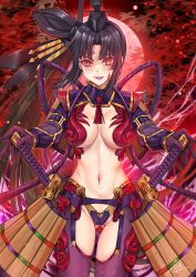 Rule 34 | 1girl, :d, absurdres, armor, bikini armor, black hair, blood, blood on face, blunt bangs, breasts, character request, cleavage, commentary request, cowboy shot, eyebrows hidden by hair, fate/grand order, fate (series), gluteal fold, groin, gu li, hat, highres, holding, holding sword, holding weapon, japanese armor, katana, large breasts, long hair, looking at viewer, midriff, moon, navel, open mouth, parted bangs, red eyes, red moon, red theme, revealing clothes, sheath, sheathed, shrug (clothing), side ponytail, sidelocks, smile, solo, standing, sword, tagme, taira no kagekiyo (fate), tokin hat, ushiwakamaru (fate), very long hair, weapon
