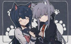 2girls :d animal_ears black_jacket black_ribbon black_sailor_collar blunt_bangs bow bowtie braid cat_ears cat_girl closed_eyes closed_mouth collared_shirt danganronpa:_trigger_happy_havoc danganronpa_(series) grey_background grey_shirt hair_ornament hair_ribbon hairclip huruhuru979 jacket kirigiri_kyoko long_hair long_sleeves maizono_sayaka multiple_girls necktie open_clothes open_jacket open_mouth orange_necktie pink_bow pink_bowtie ribbon sailor_collar shirt smile upper_body white_background