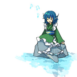 Rule 34 | 1girl, blue hair, blush stickers, closed eyes, commentary request, drill hair, drill sidelocks, fins, flat chest, green kimono, head fins, highres, japanese clothes, kaigen 1025, kimono, long sleeves, medium hair, mermaid, monster girl, music, no nose, obi, on rock, open mouth, sash, sidelocks, singing, single blush sticker, sitting, smile, solo, touhou, wakasagihime, white background