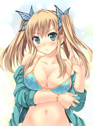 Rule 34 | 10s, 1girl, alternate hairstyle, aqua eyes, bad id, bad pixiv id, bare shoulders, bikini, bikini top only, blonde hair, blue bikini, blush, boku wa tomodachi ga sukunai, breasts, bug, butterfly, butterfly hair ornament, cleavage, female focus, floral print, hair ornament, insect, jacket, kashiwazaki sena, large breasts, long hair, looking at viewer, navel, peach88, solo, swimsuit, twintails, undressing, upper body