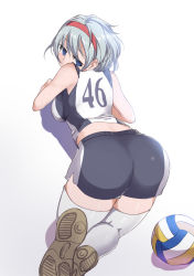 Rule 34 | 1girl, all fours, ass, ball, bare shoulders, blue eyes, from above, hairband, highres, kosegawa shiromi, looking back, saki (manga), short hair, shorts, solo, sportswear, thighhighs, volleyball (object), volleyball uniform, white hair, white thighhighs, yamaori