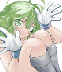 Rule 34 | 1girl, boku no hero academia, boots, colored eyelashes, commentary request, fengling (furin-jp), gloves, green eyes, green hair, grey footwear, hagakure tooru, highres, knees up, looking at viewer, nude, short hair, smile, solo, white gloves