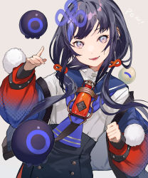 Rule 34 | 1girl, absurdres, black hair, black shorts, blue hair, blue jacket, blue neckerchief, blue sailor collar, blueberry, food, fruit, gradient eyes, gradient jacket, grey eyes, hair ornament, head tilt, highres, jacket, koujira, long hair, long sleeves, looking at viewer, low twintails, multicolored eyes, multicolored hair, neckerchief, nijisanji, pink eyes, pom pom (clothes), ponto nei, purple hair, red sleeves, sailor collar, school uniform, shirt, shorts, simple background, sleeves past wrists, smile, solo, streaked hair, twintails, virtual youtuber, white background, white shirt