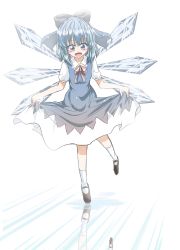 Rule 34 | 1girl, blue dress, blue eyes, blue hair, blush, cirno, clothes lift, dress, highres, ice, ice wings, matsuoka michihiro, open mouth, reflection, simple background, skirt, skirt lift, socks, touhou, white background, white socks, wings