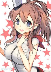 Rule 34 | 10s, 1girl, blue eyes, breast pocket, breasts, brown hair, dress, highres, kantai collection, large breasts, long hair, looking at viewer, naitou ryuu, neckerchief, open mouth, pocket, red neckerchief, saratoga (kancolle), side ponytail, smile, solo, star-shaped pupils, star (symbol), symbol-shaped pupils, white dress