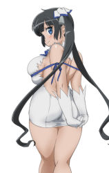 Rule 34 | 10s, 1girl, arms behind back, ass, back, backboob, backless outfit, bare back, bare shoulders, black hair, blue eyes, blunt bangs, blush, breasts, covered erect nipples, curvy, dress, dungeon ni deai wo motomeru no wa machigatteiru darou ka, female focus, hestia (danmachi), highres, hime cut, kneepits, large breasts, long hair, looking at viewer, mage (harumagedon), no bra, own hands clasped, own hands together, plump, rei no himo, shiny skin, sleeveless, sleeveless dress, smile, solo, thick thighs, thighs, tight clothes, tight dress, twintails