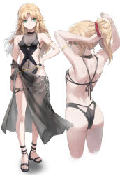Rule 34 | 1girl, armlet, arms up, ass, bikini, black bikini, black one-piece swimsuit, black sarong, blonde hair, braid, breasts, closed mouth, covered navel, cropped legs, earrings, fate/apocrypha, fate/grand order, fate (series), feet, french braid, full body, green eyes, hair down, hair ornament, hair scrunchie, hand on own hip, highres, jewelry, legs, long hair, mordred (fate), mordred (fate/apocrypha), multiple views, one-piece swimsuit, ponytail, red scrunchie, sandals, sarong, scrunchie, see-through sarong, single earring, small breasts, swimsuit, thigh strap, toes, tonee, tying hair, wavy hair