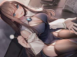 Rule 34 | 1girl, amane ruri, black garter straps, black thighhighs, blue dress, blue eyes, blush, book, breasts, brown hair, cleavage, commentary request, detached sleeves, dress, from above, garter straps, large breasts, long hair, long sleeves, looking at viewer, looking up, mimikaki, original, parted lips, sitting, smile, thighhighs, thighs, white sleeves