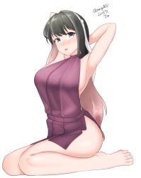 Rule 34 | 1girl, absurdres, arms behind back, artist name, barefoot, black hair, breasts, dated, highres, kantai collection, large breasts, long hair, maru (marg0613), meme attire, multicolored hair, naganami (kancolle), one-hour drawing challenge, pink hair, simple background, solo, streaked hair, virgin killer sweater, yellow eyes