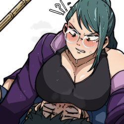 Rule 34 | !?, 1boy, 1girl, black hair, black tank top, blush, breast press, breast rest, breast smother, breasts, cleavage, commentary, derivative work, english commentary, face to breasts, glasses, green hair, hetero, jacket, jujutsu kaisen, large breasts, long hair, looking at another, mark gavatino, off shoulder, okkotsu yuuta, open clothes, open jacket, ponytail, purple jacket, short hair, sweat, sweatdrop, swept bangs, tank top, track jacket, v-shaped eyebrows, weapon, zenin maki