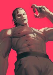 Rule 34 | 1boy, 9gu 84, abs, bara, black hair, cowboy shot, highres, limited palette, long hair, looking at viewer, loose hair strand, male focus, mature male, muscular, muscular male, navel, nipples, pants, parted lips, ponytail, red background, scar, scar on arm, scar on chin, scar on face, scar on mouth, scar on nose, scar on stomach, sergei dragunov, simple background, solo, tekken, topless male