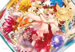 Rule 34 | 1girl, :d, air bubble, armlet, bare shoulders, blonde hair, blue flower, blush, bow, bracelet, breasts, bubble, cross, cross earrings, dress, earrings, ereshkigal (fate), fate/grand order, fate (series), floating hair, flower, flower request, from side, full body, glass slipper, glint, hair bow, hugging own legs, in container, jewelry, long hair, looking at viewer, open mouth, parted bangs, pink flower, plantar flexion, purple flower, red bow, red dress, red eyes, red flower, shutsuri, sideboob, smile, solo, sparkle, strapless, strapless dress, submerged, tiara, transparent, two side up, very long hair, white background, yellow flower, yellow legwear