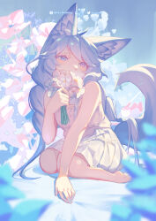 Rule 34 | 1girl, animal ear fluff, animal ears, blue eyes, blue hair, braid, closed mouth, commentary, eyelashes, facebook username, flower, fox ears, fox girl, fox tail, highres, hiro (clever0303), holding, holding flower, long hair, original, sitting, skirt, smile, solo, symbol-only commentary, tail, twin braids, twitter username, wariza, white flower