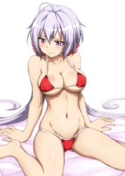Rule 34 | 10s, 1girl, ahoge, arm support, bare legs, bare shoulders, barefoot, bikini, blush, breasts, cleavage, collarbone, covered erect nipples, embarrassed, female focus, fujikawa daichi, large breasts, leaning back, light purple hair, long hair, looking away, low twintails, md5 mismatch, navel, purple eyes, red bikini, resolution mismatch, senki zesshou symphogear, shiny skin, sitting, skindentation, solo, source larger, strap gap, swimsuit, twintails, very long hair, wariza, yukine chris