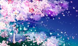 Rule 34 | 1girl, bug, butterfly, cherry blossoms, female focus, ghost, hakuto (artemis), hat, bug, japanese clothes, nemesia-gsx, night, petals, pink hair, saigyouji yuyuko, solo, touhou, tree