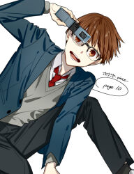 Rule 34 | 1boy, black pants, blazer, blue jacket, brown eyes, brown hair, cellphone, character request, collared shirt, commentary request, copyright name, flip phone, glasses, grey sweater, hagiwara daisuke, holding, holding phone, hori-san to miyamura-kun, jacket, long sleeves, looking at viewer, male focus, necktie, open clothes, open jacket, open mouth, pants, phone, red necktie, shirt, short hair, simple background, solo, sweater, teeth, white background