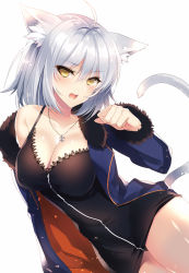 Rule 34 | 1girl, ahoge, animal ears, black dress, black panties, blue cape, breasts, cape, cat ears, cat tail, cleavage, collarbone, dress, fate/grand order, fate (series), fur trim, hair between eyes, jeanne d&#039;arc (fate), jeanne d&#039;arc alter (fate), jeanne d&#039;arc alter (ver. shinjuku 1999) (fate), jewelry, kurumi moka, large breasts, looking at viewer, necklace, official alternate costume, open mouth, panties, pantyshot, shiny skin, short dress, short hair, silver hair, simple background, sleeveless, sleeveless dress, solo, tail, underwear, white background, yellow eyes