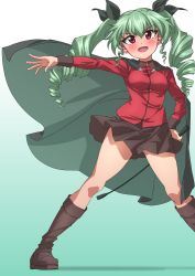 Rule 34 | 1girl, absurdres, alternate costume, anchovy (girls und panzer), black cape, black footwear, black ribbon, black skirt, blush, boots, cape, cape lift, commentary, drill hair, full body, girls und panzer, gradient background, green background, green hair, hand on own hip, helmet (trailblazer003), highres, holding, jacket, long hair, long sleeves, looking at viewer, military, military uniform, miniskirt, open mouth, outstretched arm, pleated skirt, red eyes, red jacket, ribbon, riding crop, skirt, smile, solo, spread legs, st. gloriana&#039;s military uniform, standing, twin drills, twintails, uniform