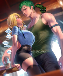 Rule 34 | 1boy, 1girl, against table, arm support, black pants, black thighhighs, blonde hair, blue eyes, blush, breasts, buttons, collared shirt, curly eyebrows, drink, earrings, english text, food, genderswap, genderswap (mtf), green hair, green tank top, hair over one eye, hetero, jewelry, large breasts, lips, looking at another, medium hair, muscular, muscular male, necktie, one piece, open mouth, pants, roronoa zoro, sakimichan, sanji (one piece), shirt, short hair, shorts, speech bubble, sweatdrop, tank top, thick thighs, thighhighs, thighs, underwear, veins, zettai ryouiki