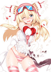 Rule 34 | 1girl, apron, bare shoulders, blonde hair, blue eyes, blush, breasts, cake, char, cream, food, gloves, goggles, hair ornament, helmet, icing, long hair, looking at viewer, one eye closed, open mouth, original, panties, red gloves, sideboob, solo, squeezing, striped clothes, striped panties, striped thighhighs, tears, thighhighs, underwear, wince