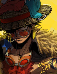 Rule 34 | 1boy, artist name, barbarvsah, black hair, character name, dated, earrings, fur trim, goggles, goggles around neck, hat, highres, jewelry, monkey d. luffy, mouth hold, one piece, smoking, solo, star (symbol), straw hat, sunglasses, tattoo, upper body, yellow background, yellow eyes