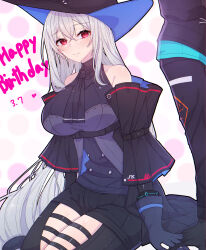 Rule 34 | 1girl, 1other, absurdres, arknights, ascot, bare shoulders, black ascot, black gloves, black headwear, black pants, breasts, commentary request, doctor (arknights), gloves, grey hair, happy birthday, highres, large breasts, leggings, long hair, looking at viewer, out of frame, pants, red eyes, sitting, skadi (arknights), skadi (elite ii) (arknights), smile, solo focus, tsume3mai, very long hair