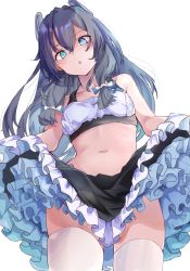 Rule 34 | 1girl, absurdres, alternate costume, black hair, blue eyes, calin, clothes lift, cowboy shot, crop top, frilled skirt, frills, highres, i-47 (kancolle), kantai collection, layered skirt, long hair, looking at viewer, low-tied long hair, navel, sidelocks, skirt, skirt lift, solo, stomach, thighhighs, white background, white thighhighs
