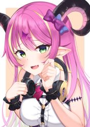 Rule 34 | 1girl, absurdres, arm strap, asymmetrical horns, bad id, bad twitter id, bare shoulders, blonde hair, blush, bow, bowtie, breasts, chest harness, commentary request, demon girl, demon horns, green eyes, hair ornament, happy birthday, harness, headphones, headphones around neck, highres, hololive, horn bow, horn ornament, horns, large breasts, long hair, looking at viewer, mano aloe, multicolored hair, nail polish, open mouth, pink hair, pointy ears, shirt, sleeveless, sleeveless shirt, solo, suzutarou gunsou, sweat, translation request, two-tone hair, uneven horns, virtual youtuber, wrist cuffs