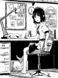 Rule 34 | 1girl, barefoot, book, calendar (object), chair, clock, collared shirt, dated, desk, greyscale, hat, indoors, kawashina (momen silicon), lamp, looking at viewer, monochrome, office chair, paper, pen, pointy ears, pom pom (clothes), shameimaru aya, shirt, short hair, sitting, smile, solo, swivel chair, tokin hat, touhou
