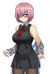 Rule 34 | 1girl, artist request, bare shoulders, black-framed eyewear, breasts, brown pantyhose, cowboy shot, dress, fate/grand order, fate (series), glasses, hair over one eye, highres, jacket, large breasts, mash kyrielight, necktie, open clothes, open jacket, pantyhose, pink hair, purple eyes, short dress, simple background, sleeves past wrists, smile, solo, white background