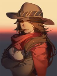 Rule 34 | 1girl, ask (askzy), brown eyes, brown gloves, brown hair, brown hat, cape, cassidy (overwatch), cigar, cowboy hat, crossed arms, eyebrows, eyelashes, genderswap, genderswap (mtf), gloves, gradient background, hat, lips, lipstick, makeup, mouth hold, one eye closed, overwatch, overwatch 1, poncho, red cape, solo, upper body