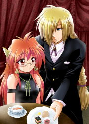 Rule 34 | alternate hairstyle, bespectacled, blonde hair, blue eyes, blush, braid, butler, cake, cup, earrings, food, formal, glasses, gourry gabriev, hair over one eye, jewelry, lina inverse, orange hair, plate, red eyes, single braid, slayers, sleeveless, suit, tea, teacup, tsuguminto (zs8hl3)