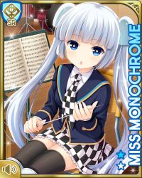 Rule 34 | 1girl, :o, blue eyes, blue jacket, blunt bangs, card, character name, checker pattern, day, girlfriend (kari), indoors, jacket, miss monochrome, miss monochrome (character), music sheet, music stand, necktie, official art, open mouth, qp:flapper, school uniform, shirt, sitting, skirt, solo, tagme, thighhighs, twintails, white footwear, white hair, white shirt