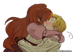 Rule 34 | 1boy, 1girl, absurdres, blonde hair, blue eyes, blush, brown hair, charlotte pudding, cigarette, closed eyes, commentary, curly eyebrows, facial hair, full-face blush, hetero, highres, hug, jacket, juliet sleeves, kiss, long hair, long sleeves, looking at another, mutual hug, one piece, puffy sleeves, rita ya, sanji (one piece), shirt, short hair, skirt, symbol-only commentary, twintails, twitter username, white background, white jacket