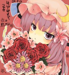 Rule 34 | 1girl, :&lt;, bad id, bad pixiv id, bouquet, dated, eyelashes, female focus, flower, hair flower, hair ornament, hat, md5 mismatch, mob cap, niji (nijioki), outline, patchouli knowledge, pink hat, purple eyes, purple hair, red flower, red rose, rose, solo, touhou, white outline