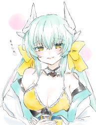 Rule 34 | 1girl, aqua hair, artist name, bikini, bikini under clothes, blush, bow, breasts, citron80citron, cleavage, collar, fate/grand order, fate (series), hair between eyes, hair bow, hands on own stomach, headgear, heart, highres, jacket, kiyohime (fate), kiyohime (swimsuit lancer) (first ascension) (fate), long sleeves, looking at viewer, medium breasts, own hands together, parted lips, seductive smile, signature, sketch, smile, solo, swimsuit, swimsuit under clothes, twintails, undressing, upper body, white background, white bow, white headwear, white jacket, yellow bikini, yellow bow, yellow eyes