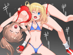 Rule 34 | 2girls, bare shoulders, bikini, blonde hair, blue bikini, blue eyes, breasts, brown hair, character request, cleavage, closed eyes, defeat, fang, female focus, gloves, holding, large breasts, multiple girls, navel, open mouth, original, red bikini, red gloves, ryona, shamanwer, small breasts, swimsuit, thong, thong bikini, wrestling