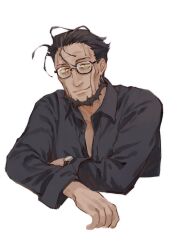 Rule 34 | 1boy, absurdres, alternate costume, arm support, bags under eyes, beard, bespectacled, black-framed eyewear, black shirt, brown hair, closed mouth, collared shirt, contemporary, cropped torso, facial hair, glasses, hair slicked back, highres, long sleeves, looking at viewer, made in abyss, male focus, partially unbuttoned, sansanpai, shirt, short hair, simple background, smile, solo, upper body, watch, wazukyan (human), white background, wristwatch, yellow eyes