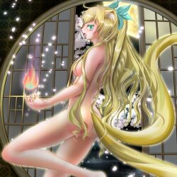 Rule 34 | 1girl, animal ear fluff, animal ears, ass, blonde hair, blush, breasts, completely nude, fang, from side, full moon, green eyes, hair censor, hair over breasts, hair ribbon, highres, long hair, looking at viewer, medium breasts, miharin, moon, multiple tails, nude, original, ribbon, solo, tail, two tails
