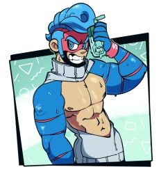 Rule 34 | 1boy, @ @, abs, aran sweater, arms (game), bare pectorals, biceps, blue background, blue eyes, blue hair, cable knit, cowboy shot, cup, dress, drinking glass, gats (nougats), grin, holding, male focus, meme attire, muscular, open-chest sweater, pectorals, revealing clothes, ribbed sweater, sideburns, smile, solo, spring man (arms), sweat, sweater, sweater dress, teeth, thick eyebrows, virgin killer sweater, wardrobe error
