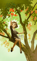 Rule 34 | 1girl, :o, aged down, arm up, artist name, bare legs, black dress, black footwear, black hair, child, curly hair, dated, dress, facing up, faerybou, food, fruit, full body, green background, hand up, holding, holding food, holding fruit, in tree, looking at object, looking up, mary janes, on branch, orange (fruit), orange tree, picking fruit, red eyes, reverse:1999, schneider (reverse:1999), shoes, short dress, short hair, short sleeves, signature, sitting, sitting in tree, sitting on branch, solo, tree