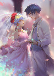 Rule 34 | 1boy, 1girl, bare shoulders, blue eyes, blue hair, blurry, blurry background, breasts, bridal gauntlets, bridal veil, cherry blossoms, cross-shaped pupils, dress, earrings, elbow gloves, feet out of frame, flower, formal, gloves, hand on another&#039;s hand, head wreath, hetero, highres, holding hands, jewelry, lips, long hair, long sleeves, looking at another, medium breasts, necklace, nia teppelin, pants, parted lips, pink dress, pink wedding dress, qmo (chalsoma), red pupils, ring, rose, silver hair, simon (ttgl), suit, symbol-shaped pupils, tengen toppa gurren lagann, veil, wedding band, wedding dress, white pants, white suit
