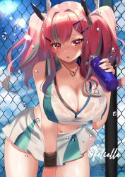 Rule 34 | 1girl, azur lane, bare shoulders, blue sky, blush, bottle, bra, breasts, bremerton (azur lane), bremerton (scorching-hot training) (azur lane), chain-link fence, cleavage, cloud, collarbone, collared shirt, commentary, cowboy shot, crop top, crop top overhang, day, english commentary, felielle, fence, green skirt, grey hair, hair between eyes, hair intakes, hair ornament, hairclip, heart, heart necklace, highres, holding, holding bottle, jewelry, large breasts, leaning forward, lens flare, long hair, looking at viewer, midriff, mole, mole under eye, multicolored hair, navel, necklace, ocean, outdoors, parted lips, pink eyes, pink hair, see-through, shirt, sidelocks, signature, skirt, sky, sleeveless, sleeveless shirt, solo, sportswear, standing, streaked hair, sweat, tennis uniform, twintails, twitter username, two-tone hair, two-tone shirt, two-tone skirt, underwear, water bottle, water drop, wet, wet clothes, wet shirt, wet skirt, white bra, white shirt, white skirt, wristband, x hair ornament