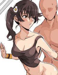 Rule 34 | 1boy, 1girl, :&lt;, ahoge, araragi karen, arm grab, armpits, ass, bare shoulders, black hair, black tank top, blush, bottomless, breasts, brown eyes, cleavage, collarbone, commentary, completely nude, egg hair ornament, food-themed hair ornament, fried egg, groin, hair between eyes, hair ornament, hair strand, hand on wall, hands on another&#039;s arm, hetero, long hair, looking back, medium breasts, midriff, monogatari (series), nari (nari149528), navel, nude, out-of-frame censoring, parted lips, raised eyebrows, sex, sex from behind, side ponytail, simple background, sweat, sweatdrop, tank top, white background, wristband