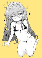 Rule 34 | 1girl, arm support, bikini, black bikini, blush, breasts, character request, commentary request, copyright request, female focus, front-tie top, full body, glasses, hairband, long hair, looking at viewer, monochrome, mushi024, petite, pointy ears, simple background, sitting, small breasts, solo, sweat, swimsuit, yellow background, yokozuwari