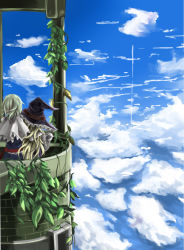 Rule 34 | 2girls, above clouds, alice margatroid, arm around shoulder, blonde hair, blue sky, capelet, cloud, day, dress, from behind, hand on another&#039;s shoulder, hat, kirisame marisa, long sleeves, multiple girls, no headwear, orein, orien, plant, sash, short hair, sky, touhou, tower, vines, witch hat